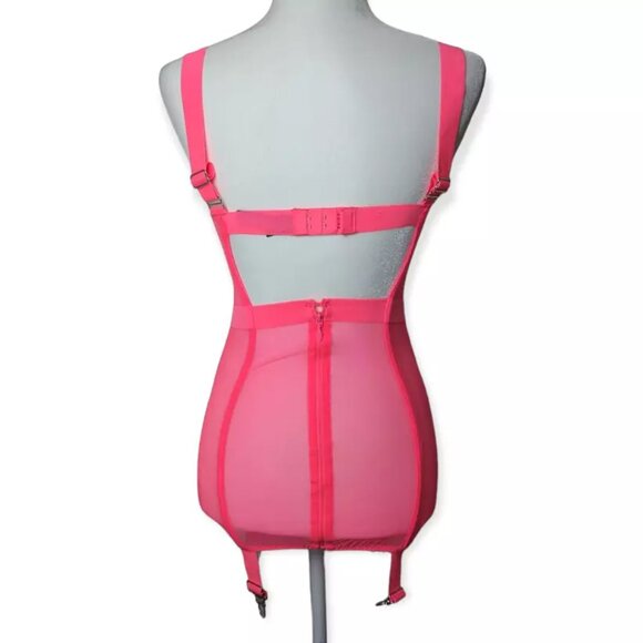 Victoria's Secret Garter Slip Women's Size 34B Neon Pink Lace Boned Corset Teddy - Picture 2 of 15
